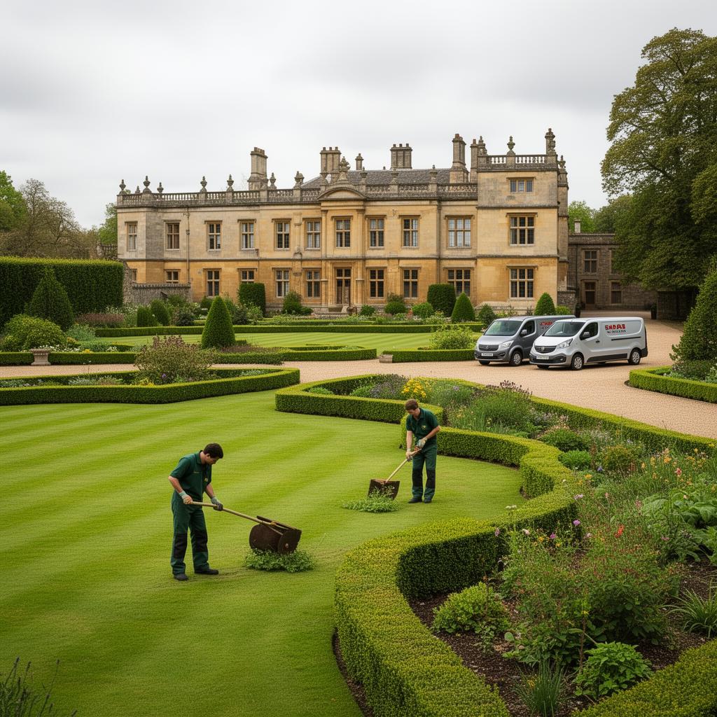 Green Aspects crew working across a country estate lawn