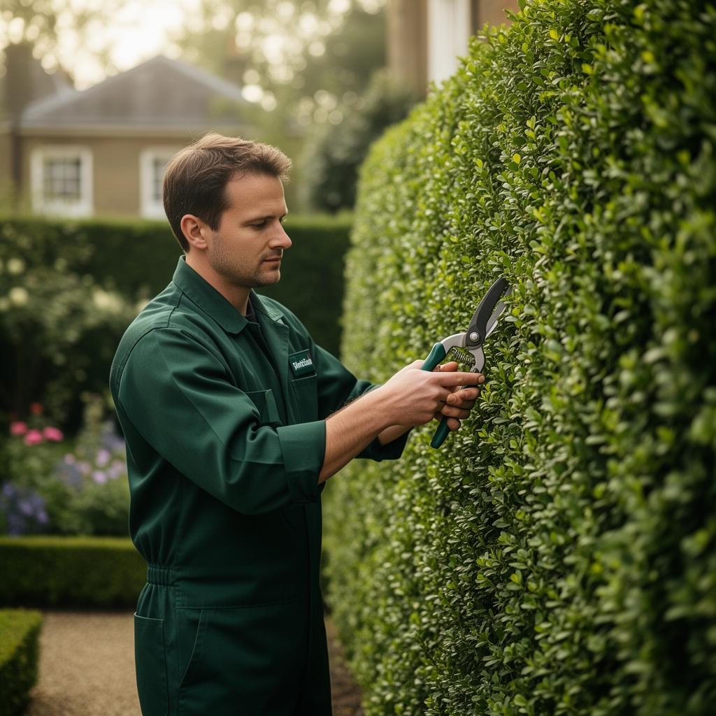 Gardener trimming a formal boxwood hedge